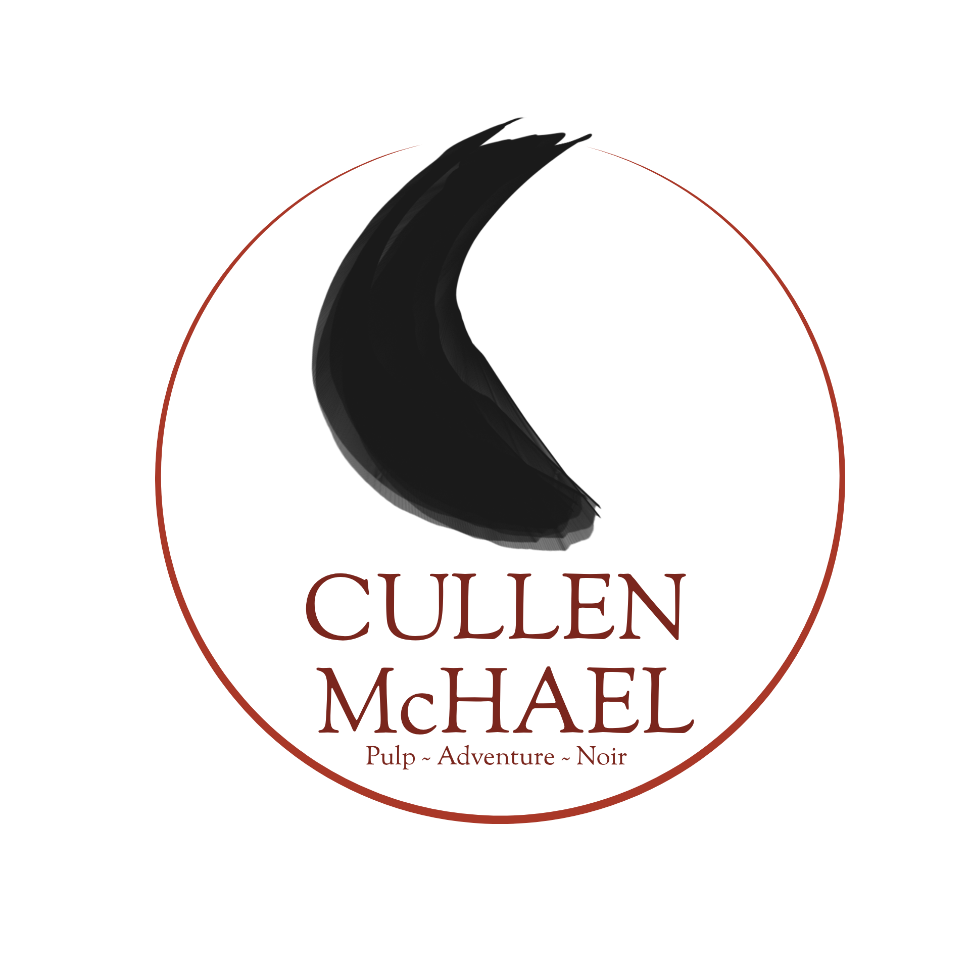 Cullen McHael's logo. It's circular, containing a shape that might be a moon, or a candle flame, or just a c-shaped ink blotch. It includes the author's name and the words Pulp, Adventure, and Noir